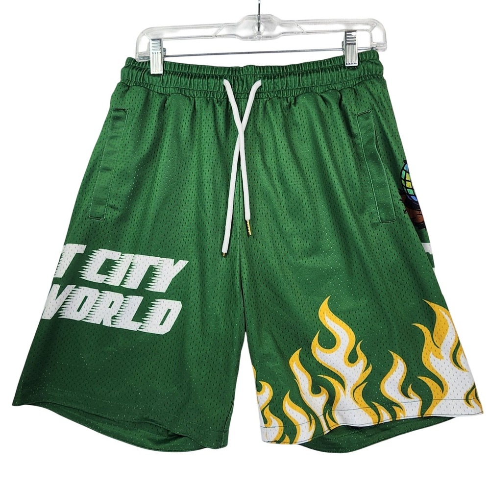 Portland Gear Med‎ Green Reversible Mesh Shorts Flame Globe Streetwear Gorpcore